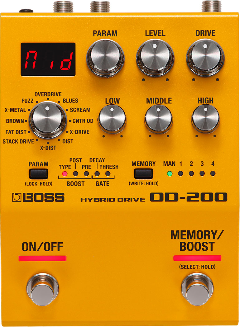 Boss OD-200 Hybrid Drive overdrive distortion pedal — orange top view