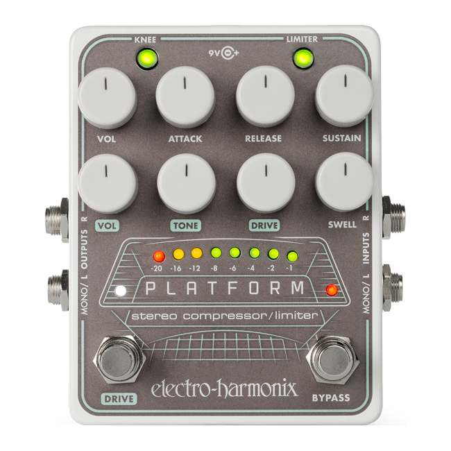 Electro-Harmonix Platform stereo compressor/limiter pedal — gray enclosure with LED meter