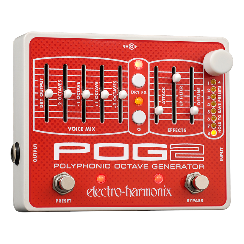 Electro-Harmonix POG2 polyphonic octave generator pedal, red and silver, with faders
