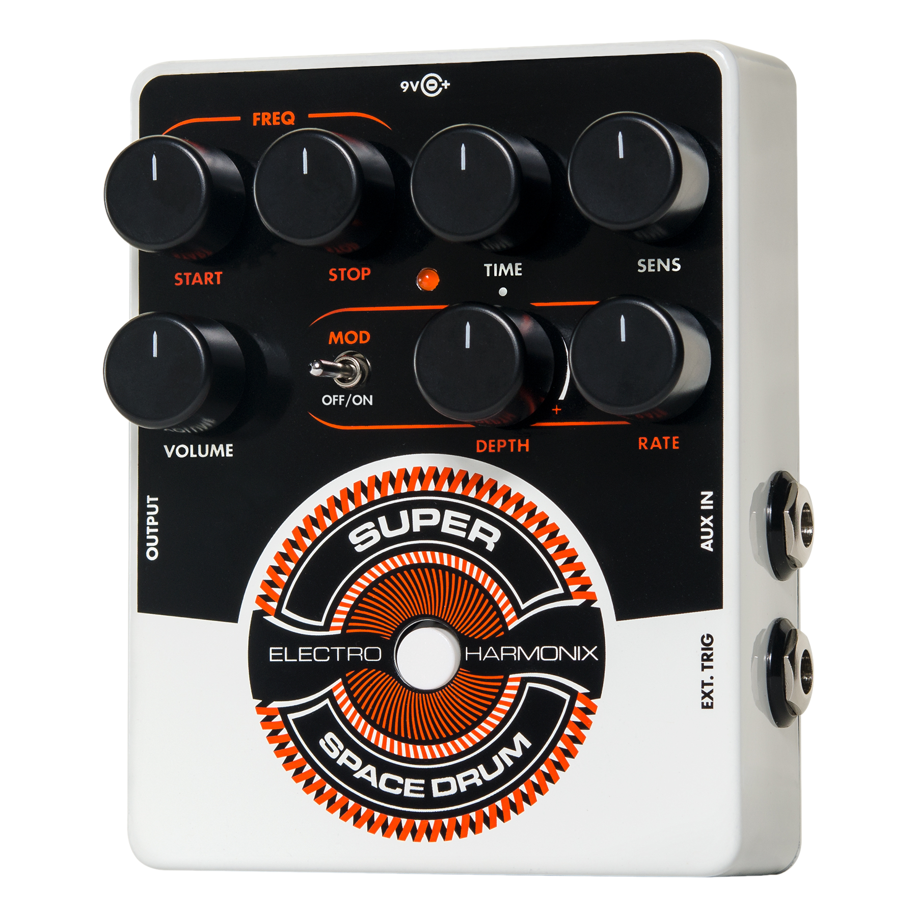 Electro-Harmonix Super Space Drum analog synth pedal — white and black enclosure angled view
