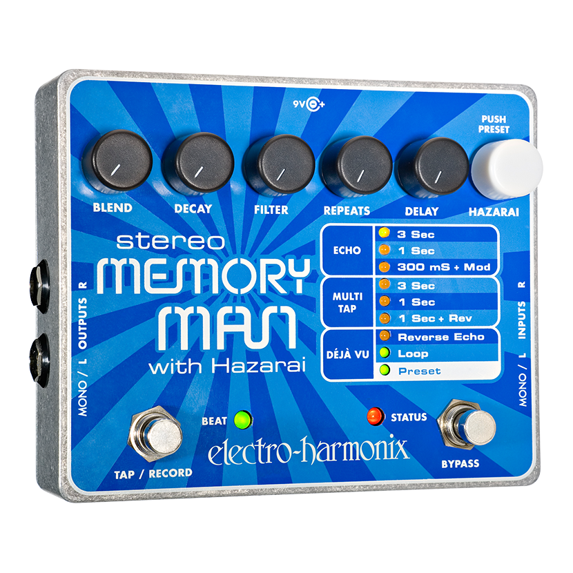 Electro-Harmonix Stereo Memory Man with Hazarai delay looper pedal — blue chassis front