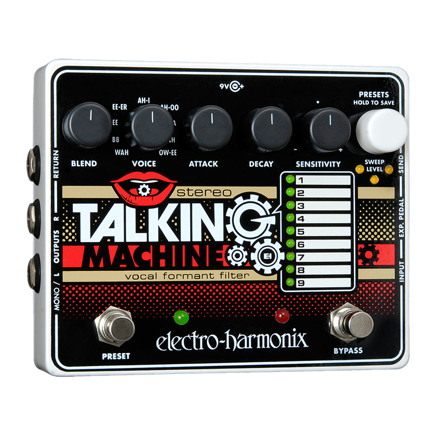 Electro-Harmonix Stereo Talking Machine vocal formant filter pedal — black face angled view