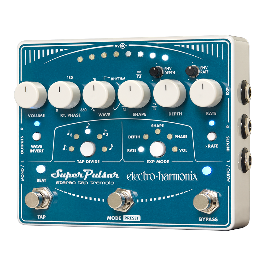 Electro-Harmonix Super Pulsar stereo tap tremolo pedal — blue enclosure, top view