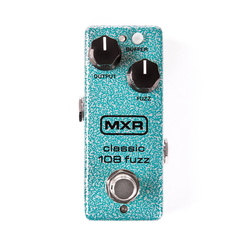 MXR M296 Classic 108 Fuzz Mini pedal — turquoise enclosure, Output and Fuzz knobs