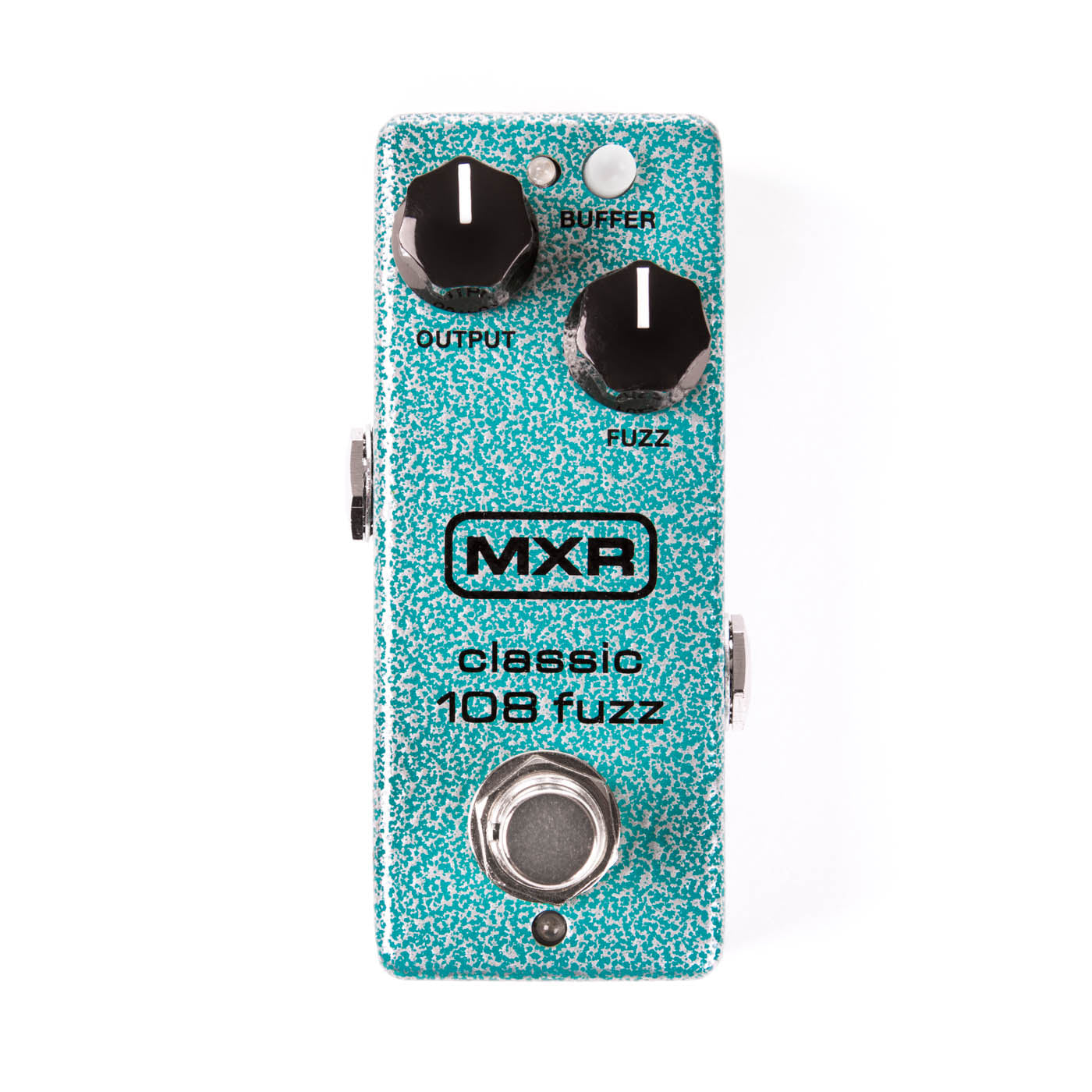 MXR M296 Classic 108 Fuzz Mini pedal — turquoise enclosure, Output and Fuzz knobs