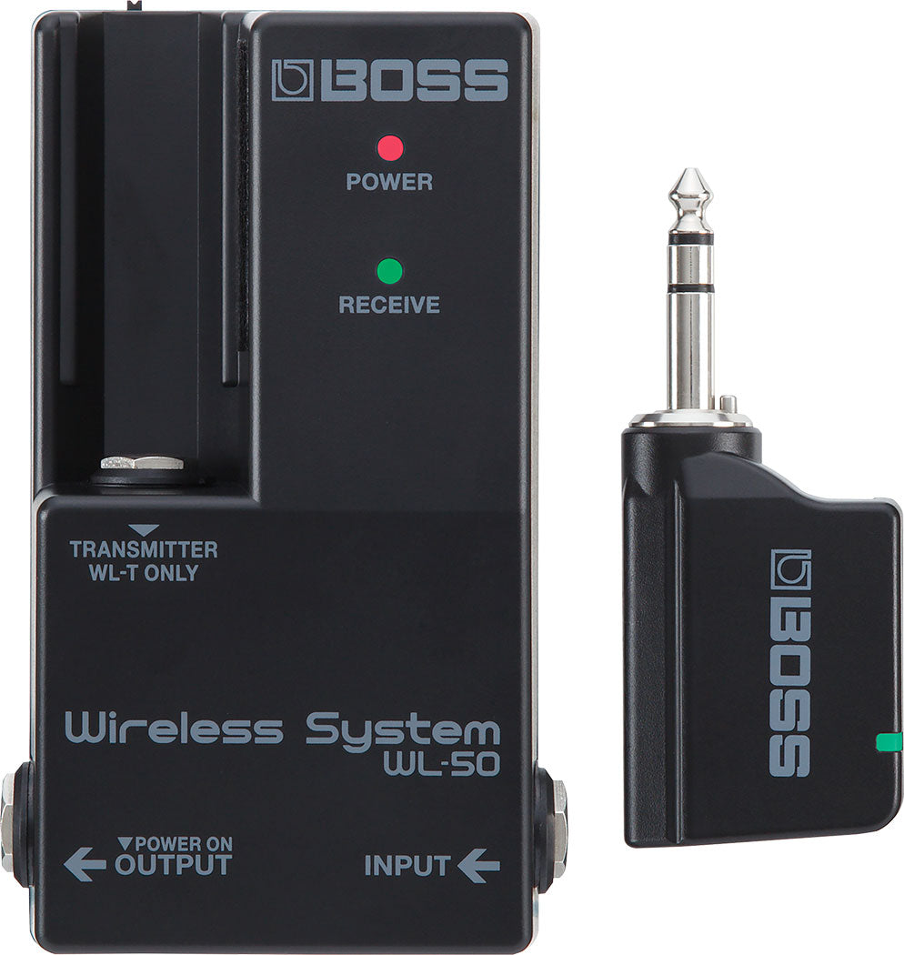 Boss WL-50 wireless system — top view of black stompbox receiver
